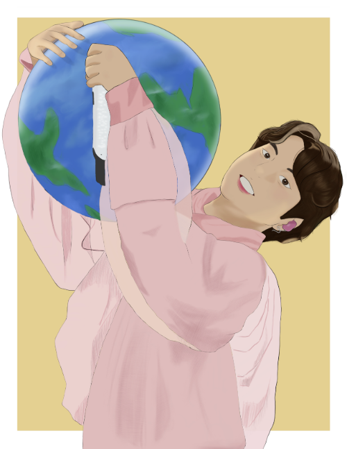 an illustration of idol kim seokjin hugging the moon