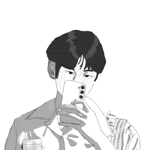 a digital doodle of choi soobin doing a mirror selfie